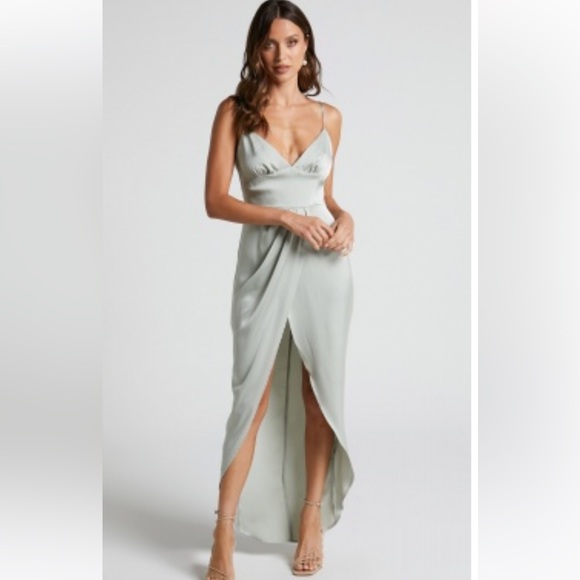 AZRAEL MAXI DRESS - V NECK SATIN TULIP DRESS IN SAGE - Picture 1 of 4